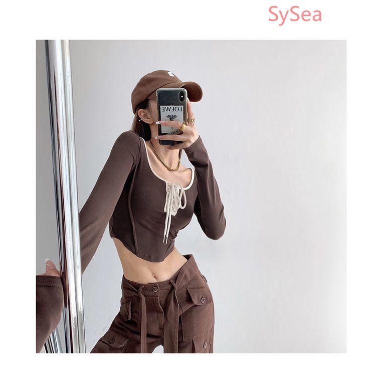 Áo Croptop Màu Trơn Phối Dây Rút Thời Trang Mùa Thu Cho Nữ