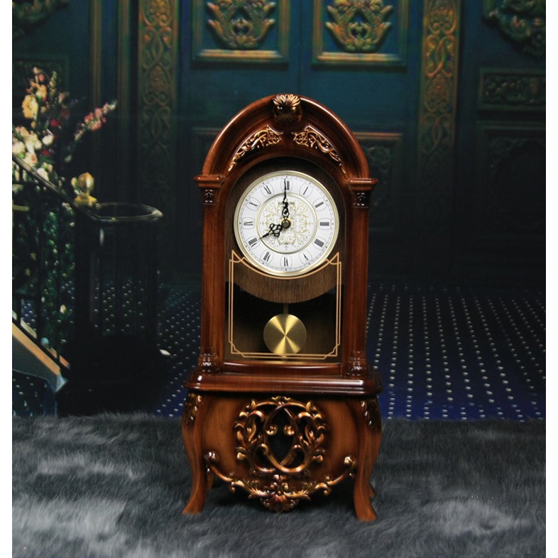 Đồng hồ để bàn quả lắc nhựa composite Lisheng 1332-11 giả gỗ phong cách Châu Âu retro cổ điển