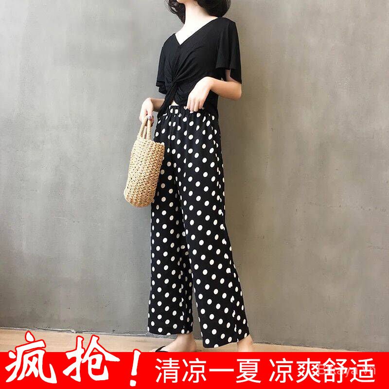 Quần Chiffon Ống Rộng Lưng Cao Họa Tiết Chấm Bi Hàng Mới Dành Cho Nữ