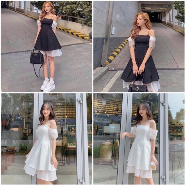 Đầm tiểu thư BlaPInk thiết kế 2 dây phối tay voan trắng -Kylie