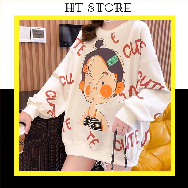 Áo Sweater Thun Nỉ Trắng Hình Cô Bé Dáng Rộng Dài Tay Họa Tiết CUTE  dưới 67kg G053 - HT STORE