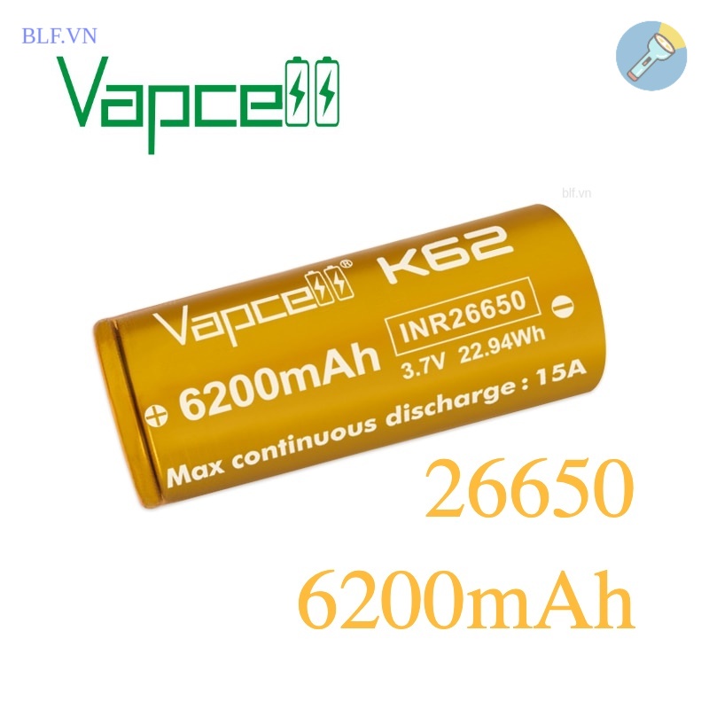 Pin sạc 26650 Vapcell K62 6200mAh 15A 3.6V 3.7v 4.2V INR Cao Cấp Li Ion