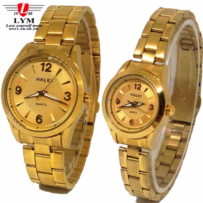 Đồng hồ đôi nam nữ dây thép không gỉ cao cấp HALEI 461ML (vàng)