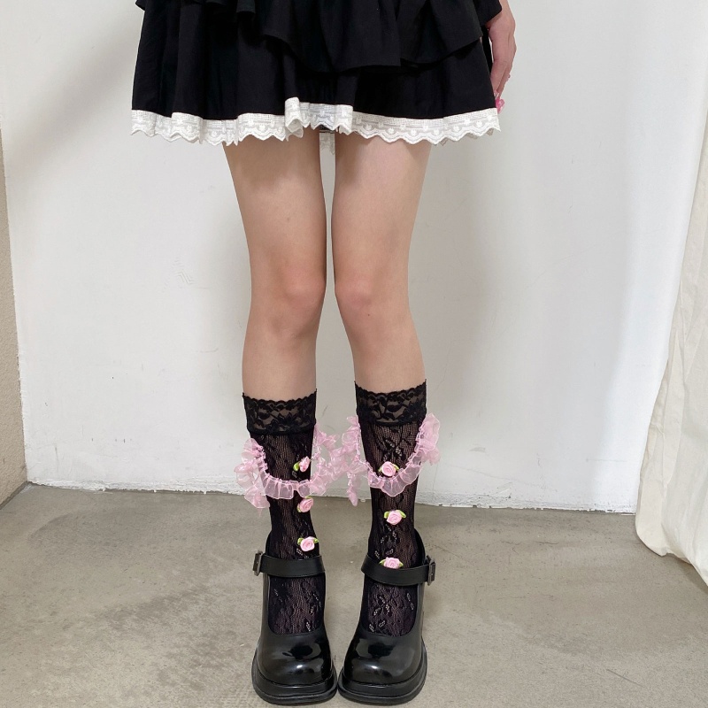 1 Đôi Tất Lưới Mỏng Phối Hoa Rỗng Thoáng Khí Phong Cách Lolita Nhật Bản Cho Nữ