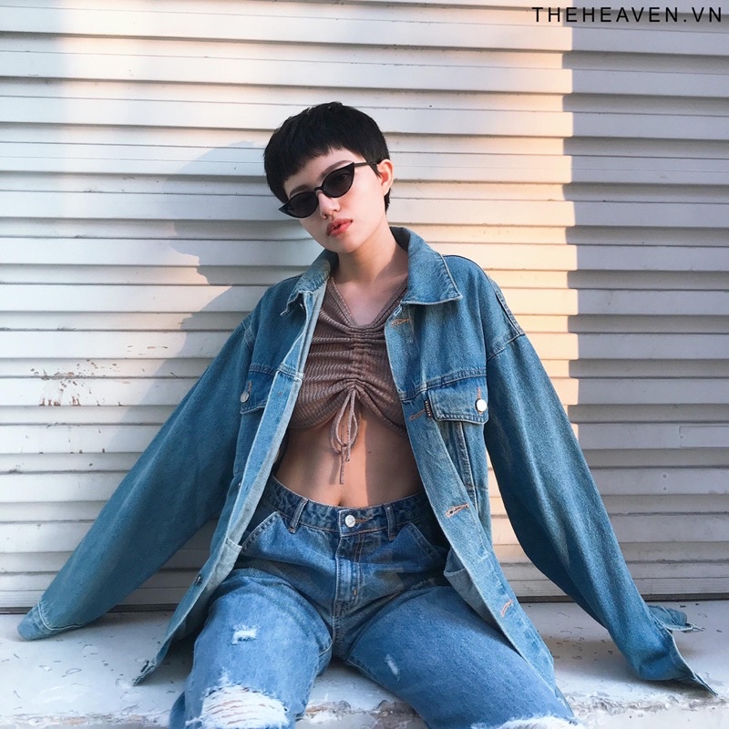 Áo khoác jean form rộng Xanh Vintage ánh Rêu 6 túi cá tính phong cách Ulzzang