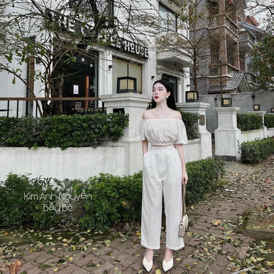 Set áo bẹt vai mix quần ống suông _ Hàng loại đẹp