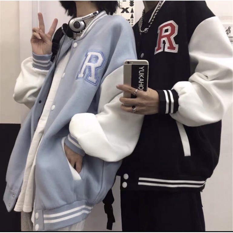Áo bomber- Áo bóng chày màu xanh ngọc- đen trắng chữ R form rộng unisex nam nữ - Hàng mới về