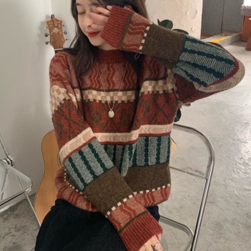 Áo Sweater Tay Dài Màu Sắc Tương Phản Phong Cách Hàn Quốc 182063 Áo Len Cổ Tròn Form Rộng Kiểu Dáng Retro Hợp Thời Trang