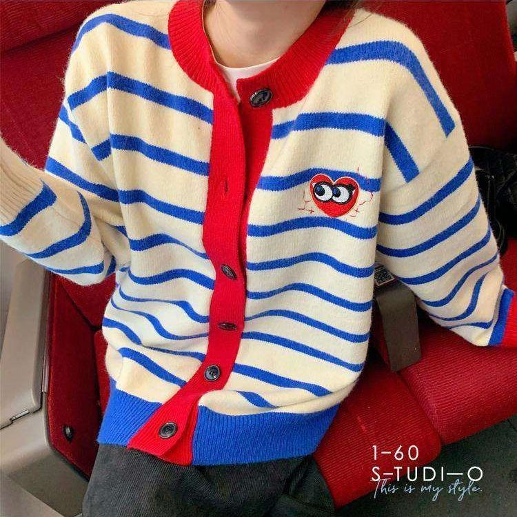 Áo khoác cardigan dệt kim dáng rộng họa tiết kẻ sọc thời trang xuân thu phong cách Hàn Quốc cho nữ