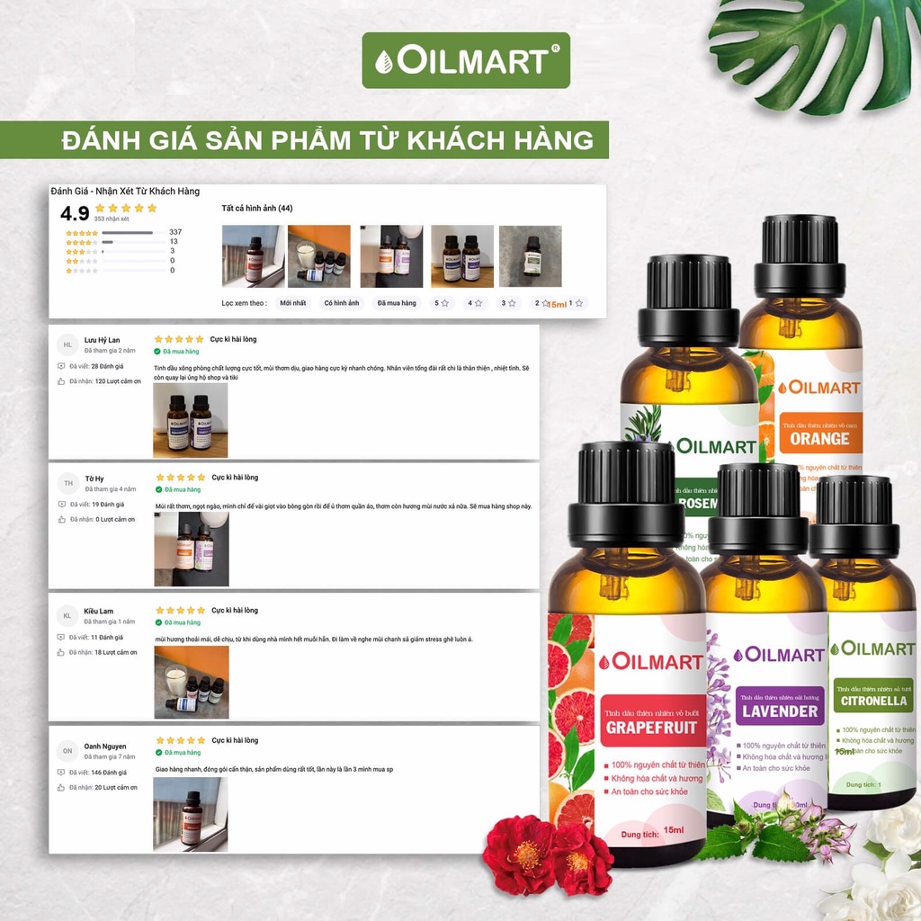 Combo 3 Chai Tinh Dầu Thiên Nhiên Nguyên Chất Oilmart 15ml