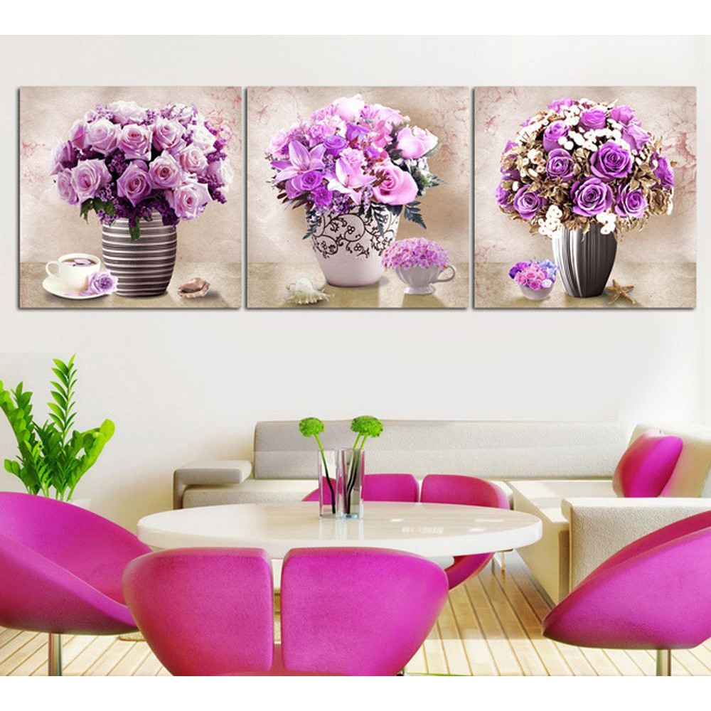 Tranh canvas kèm khung trang trí phòng khách, bộ 3 tranh bình hoa hồng tím - BT620