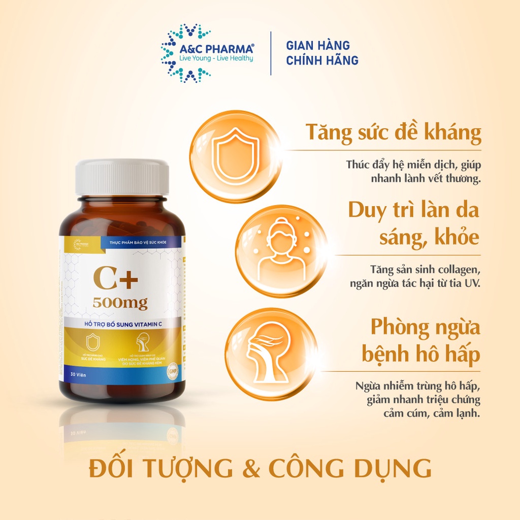 Viên Uống Hỗ trợ Tăng cường đề kháng Vitamin C+500mg 3in1 - A&amp;C Pharma