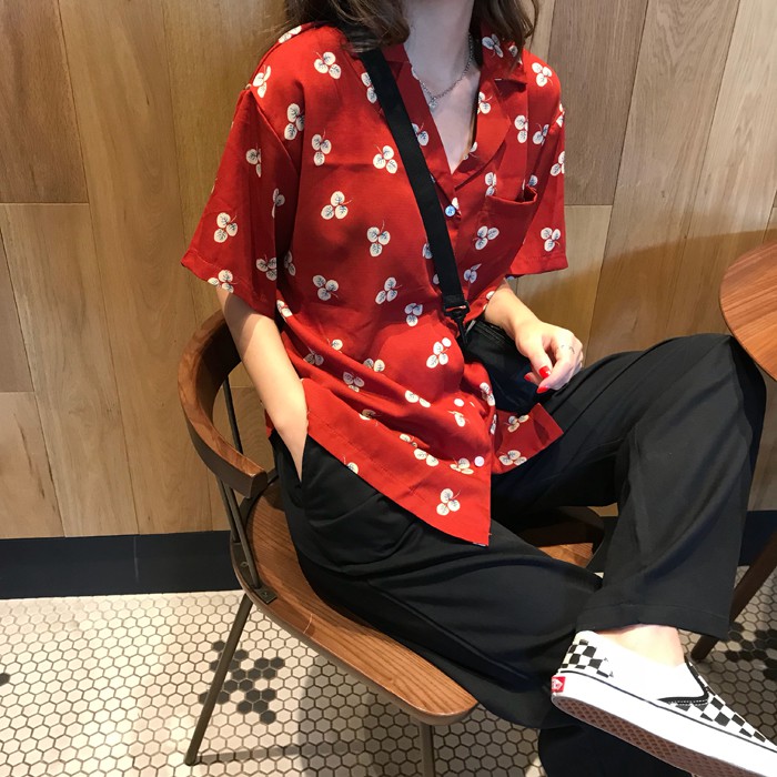 SUXI Áo Sơ Mi chiffon Tay Ngắn In Hoa Kiểu Retro Xinh Xắn