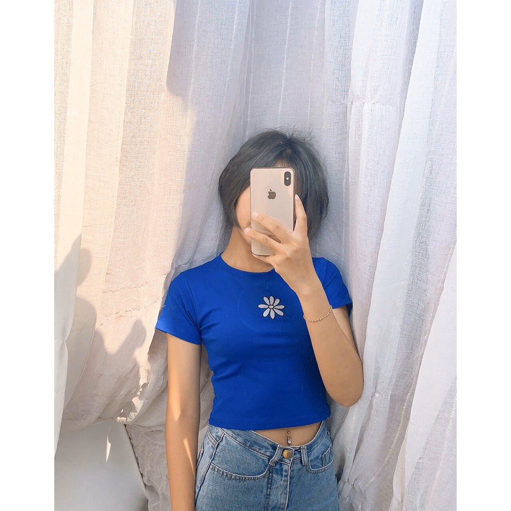 [HÌNH THẬT] ÁO THUN CROPTOP ÔM BODY NGẮN THÊU HOA CÚC BASIC - ÁO KIỂU CRT ULZANG TRƠN 87
