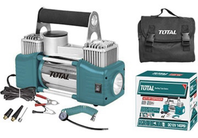 Máy Bơm Lốp Xe Ô TÔ Sử Dụng Điện Bình DC 12V Total / TTAC2506 / Tặng Kèm 4 Vòi / 1 Túi Vải Đựng Máy Và Phụ Kiện