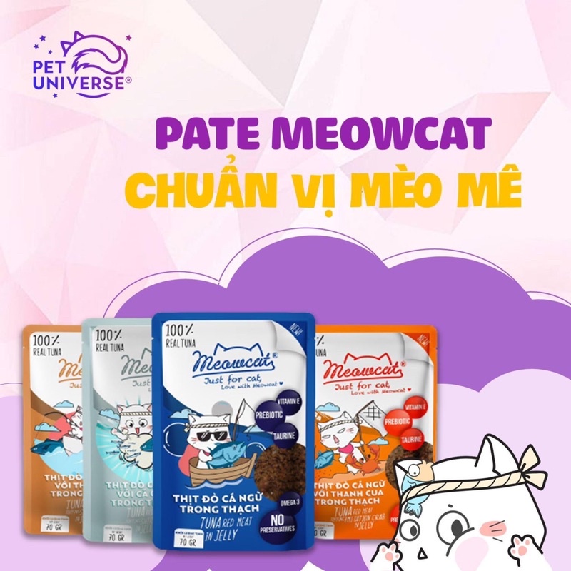 Pate MEOWCAT cho Mèo 70g, Thức ăn ướt cho mèo biếng ăn | Pate gói Meowcat ăn dặm cho mèo con, mèo lớn