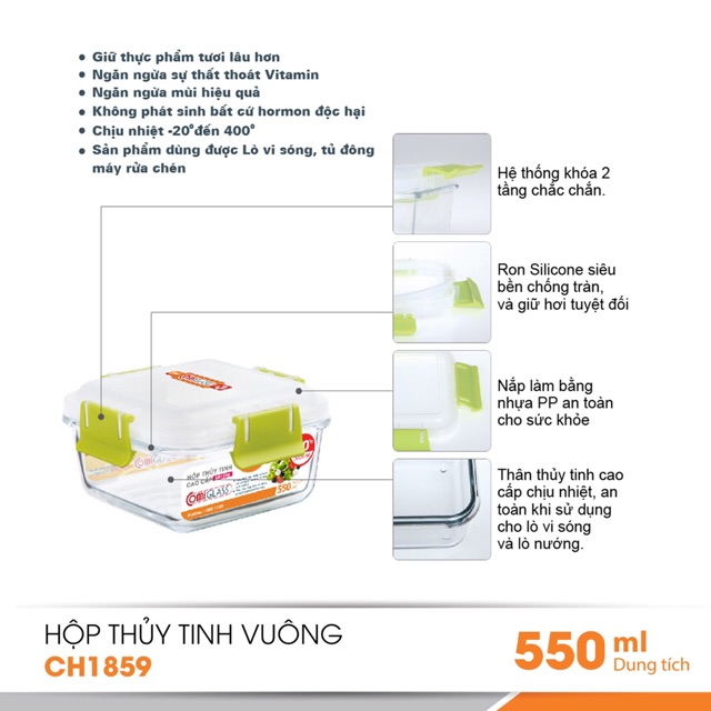 [LIFEMC11M2ADP -12% đơn 250K] Hôp đựng thực phẩm thuỷ tinh 550ml Comet CH18-59 (hộp vuông)