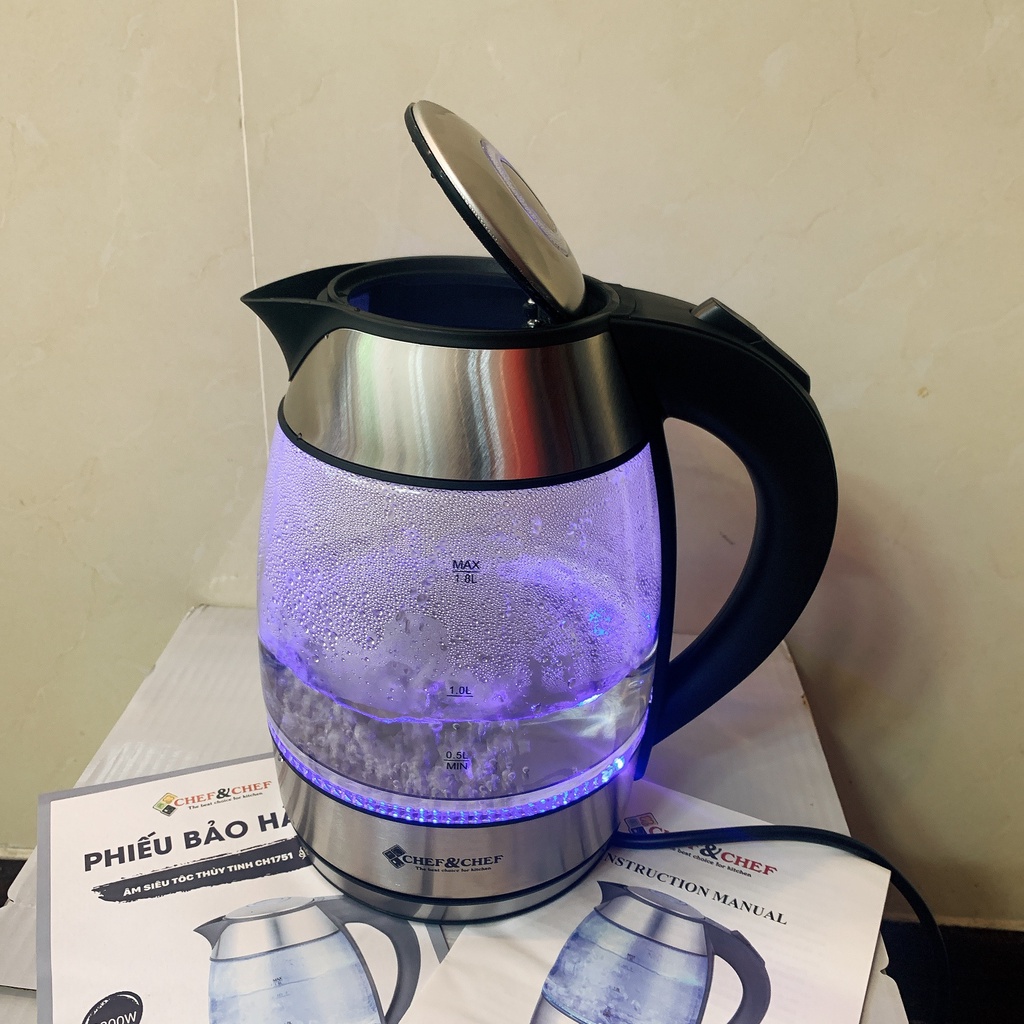 Ấm đun nước siêu tốc thủy tinh 1800ml Chef&chef bảo hành 12 tháng