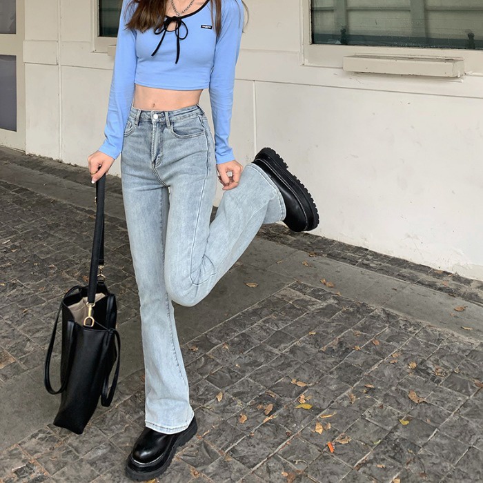 Quần Jeans Ống Loe Hack Chân Dài Phong Cách Cổ Điển Hàn Quốc 👖