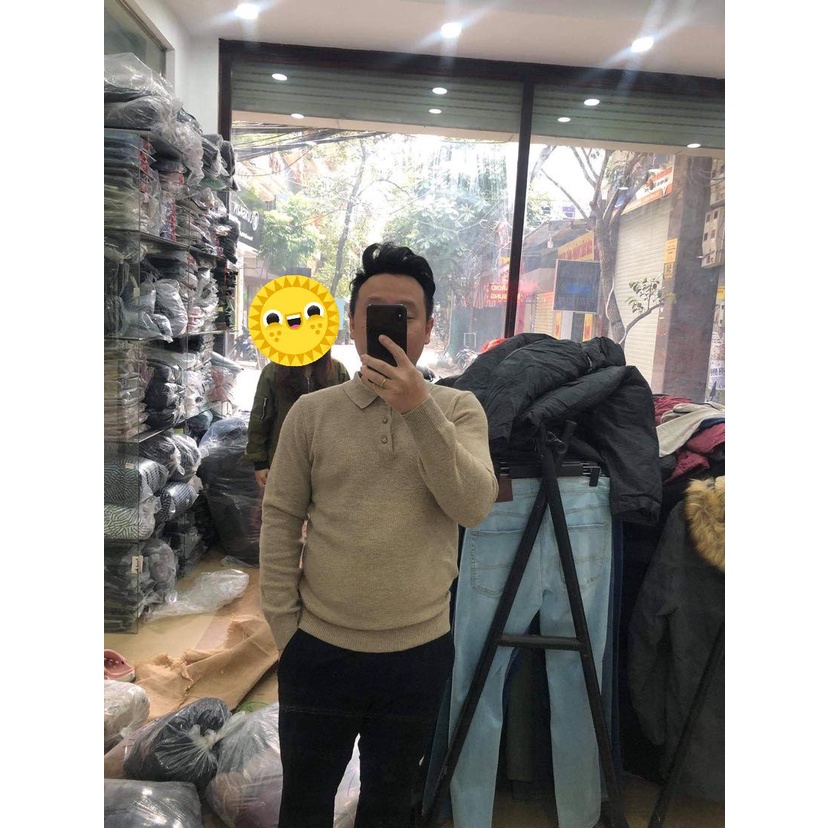 Áo polo len dài tay Cashmere một màu Navy hàng xuất Hàn