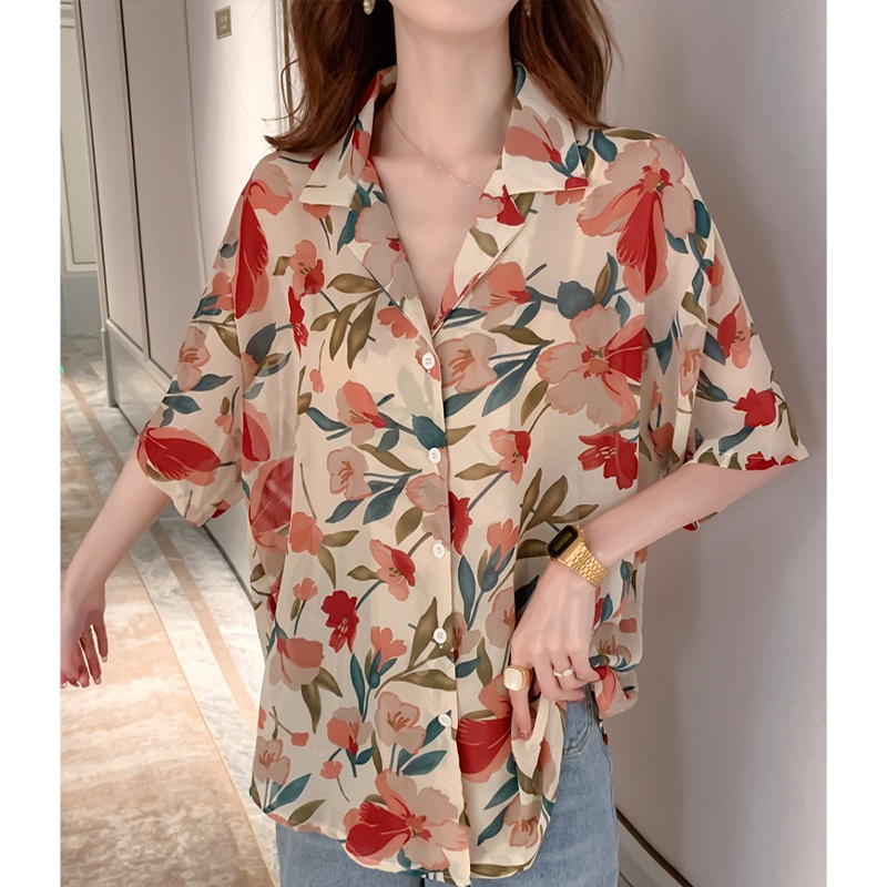Linki ♡ Áo Sơ Mi Tay Ngắn Dáng Rộng In Hoa Thời Trang Hàn Quốc Cho Nữ