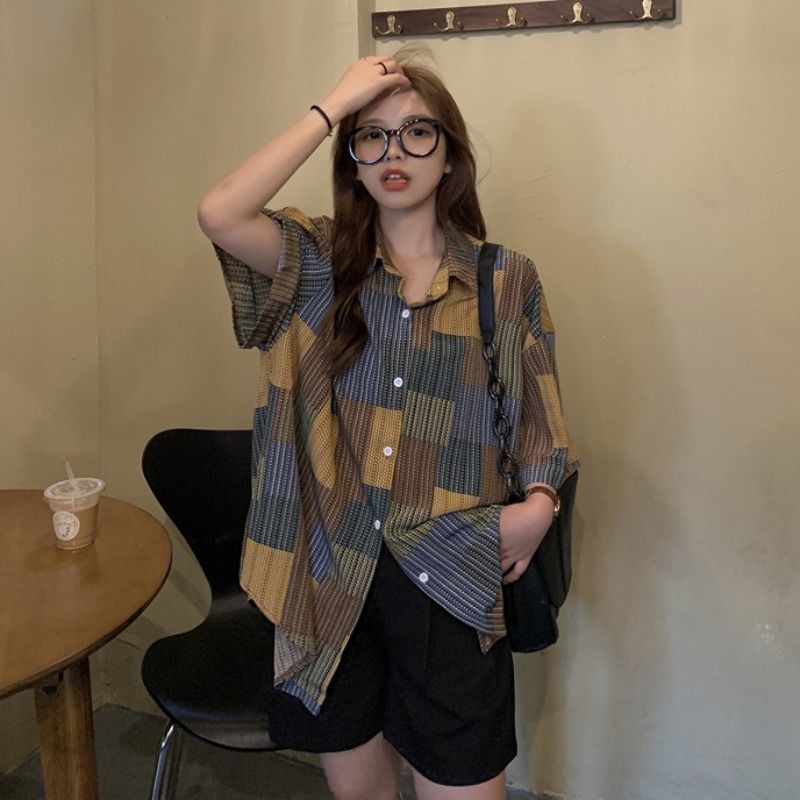Áo Sơ Mi Ngắn Tay Dáng Rộng Họa Tiết Sọc Kẻ Ô Phong Cách Retro Hàn Quốc Dành Cho Nữ