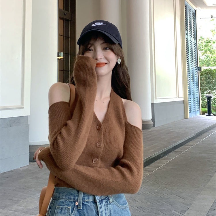 Áo dệt kim tay dài cổ chữ V thiết kế trễ vai quyến rũ COZOK