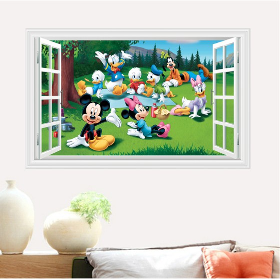 Decal trang trí khung cửa sổ chuột Mickey và vịt Donal