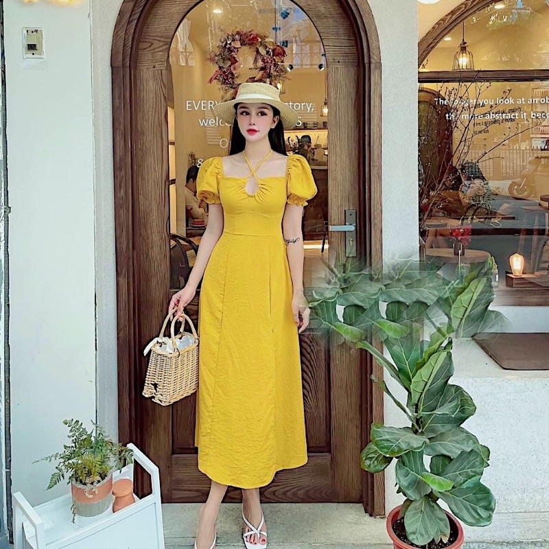 Đầm vàng dây cổ xẻ tà (kèm hình thật)