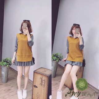 Set đầm sơmi+áo len