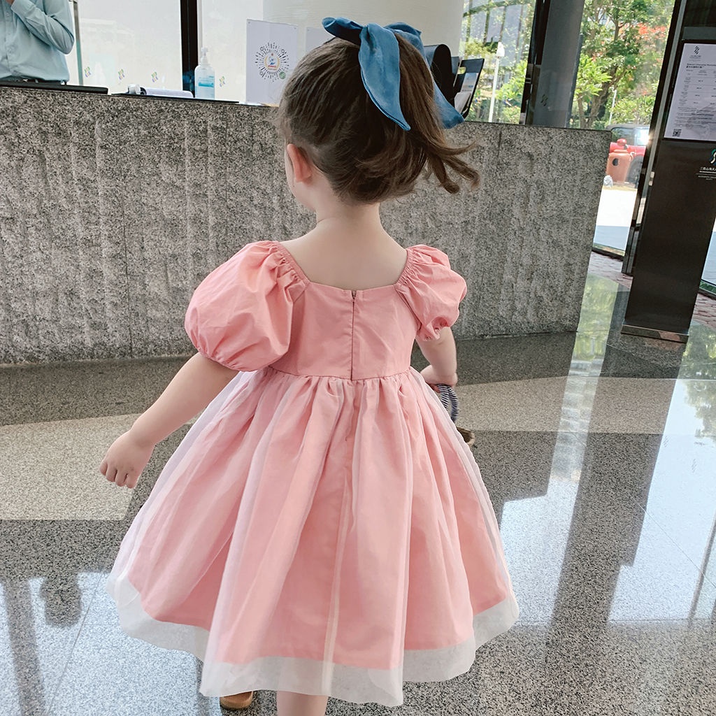 Đầm Công Chúa Tay Ngắn Phối Lưới Màu Hồng Thời Trang Mùa Hè Hàn Quốc Mới Cho Bé Gái