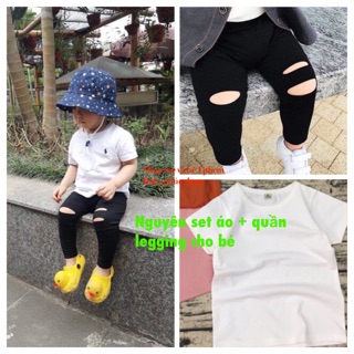 Set áo thun trắng  phối quần legiing rách gối sành điệu cho bé trai và bé gái