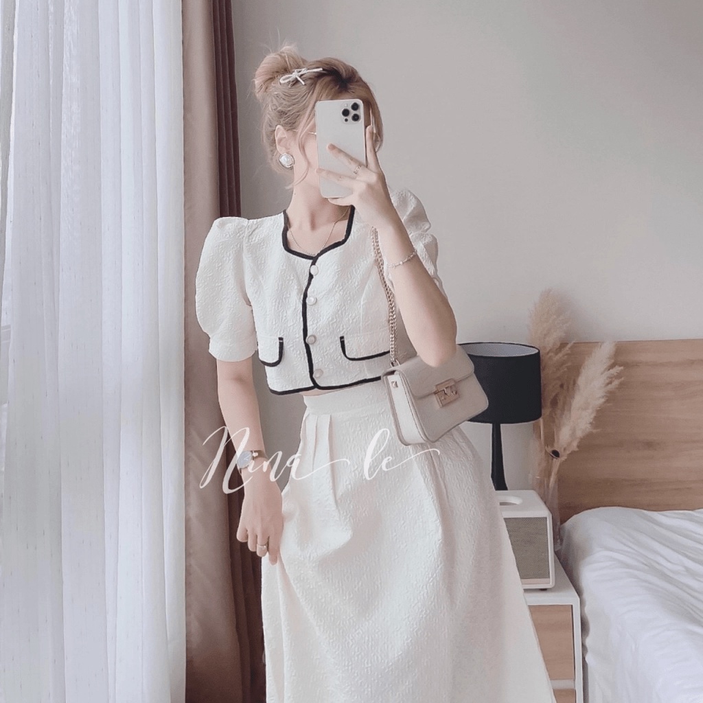 (Free ship) Mẫu HOT Hợp Thời Trang | Sét Váy Xốp Áo Viền Đen Váy Dài Đẹp Y hình UP HHP Fashion