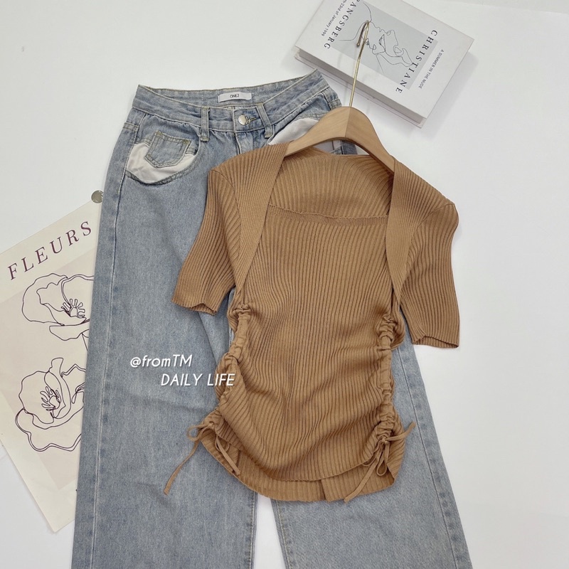 Áo len cổ vuông rút dây 2 bên