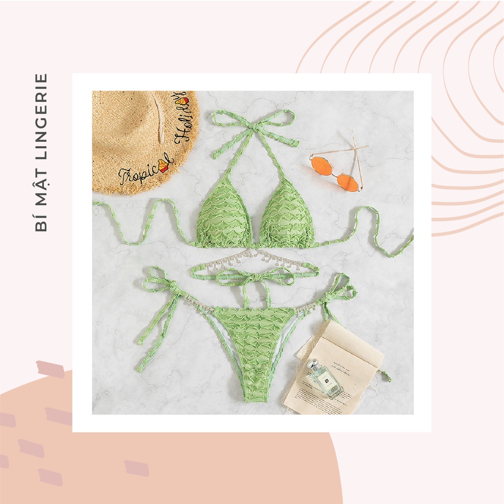 Bikini đồ bơi sexy buộc dây xanh bơ kèm dây đính đá lấp lánh vải nhún tôn da