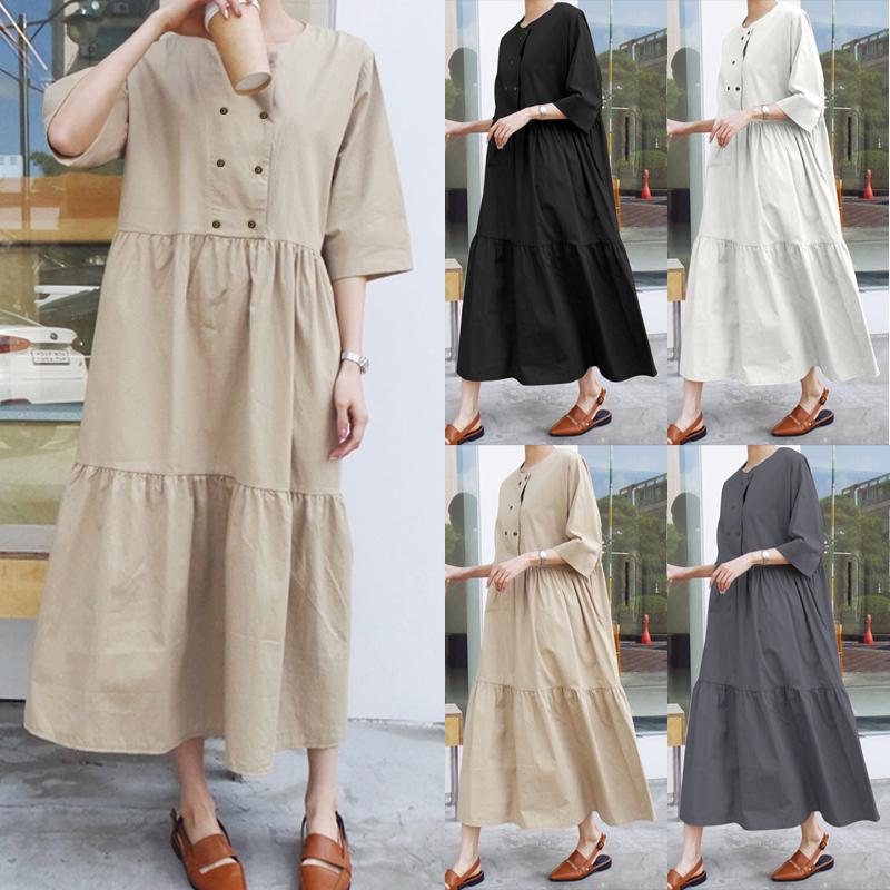 Đầm maxi đi biển nhún bèo phong cách cổ điển cho nữ