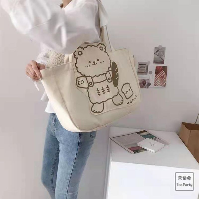 Túi tote gấu bánh mì và sanwich chất liệu canvas đeo vai size to họa tiết in sắc nét mã TP2 | tiemtuitotebypat