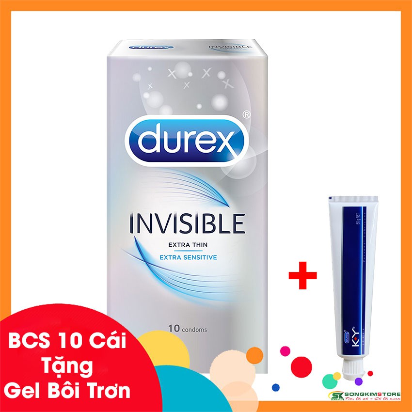 [FREE SHIP đơn 50K] Bao cao su Durex invisible hộp 10 cái + Tặng Gel bôi trơn Durex Ky 50g