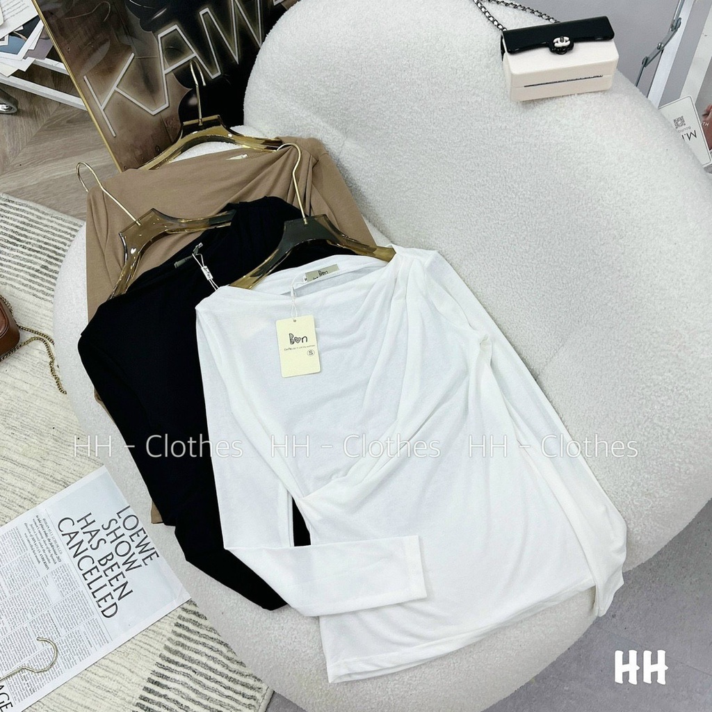 Áo cotton giấy dài tay lệch vai chất giấy mỏng nhẹ mát co dãn tốt vanmiushop