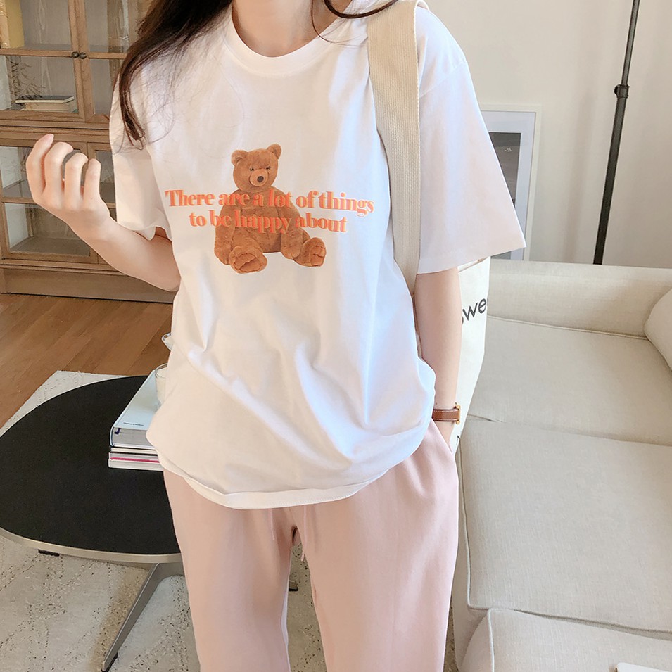 Áo Thun Nữ Tay Ngắn Dáng Rộng In Hình Gấu Dễ Thương Phong Cách Hàn Quốc 42035