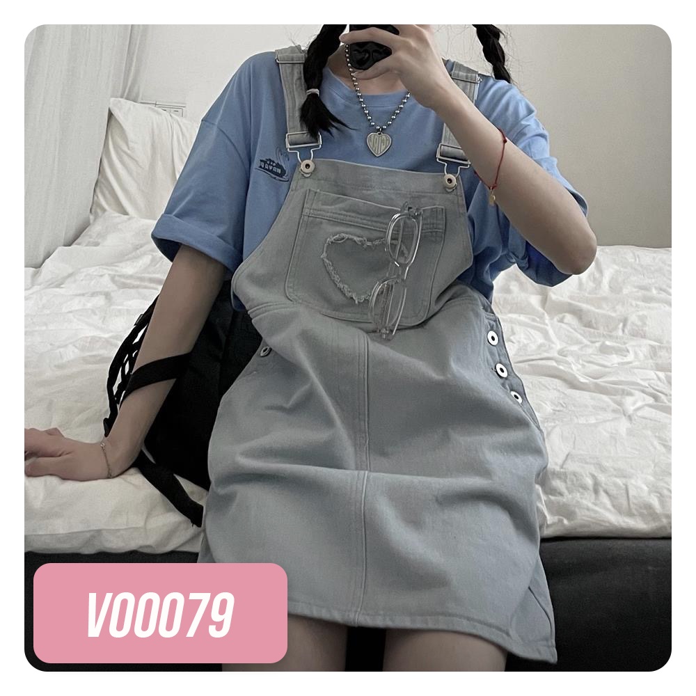 Váy yếm bò dáng suông chữ A thêu họa tiết trái tim hồng và xanh phong cách dễ thương đáng yêu V00079