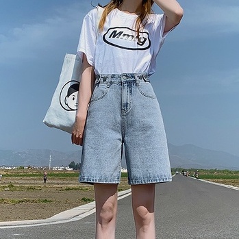 Quần short jean đai chỉnh eo, quần sooc bò ống rộng lưng cao có đai chỉnh eo tiện lợi