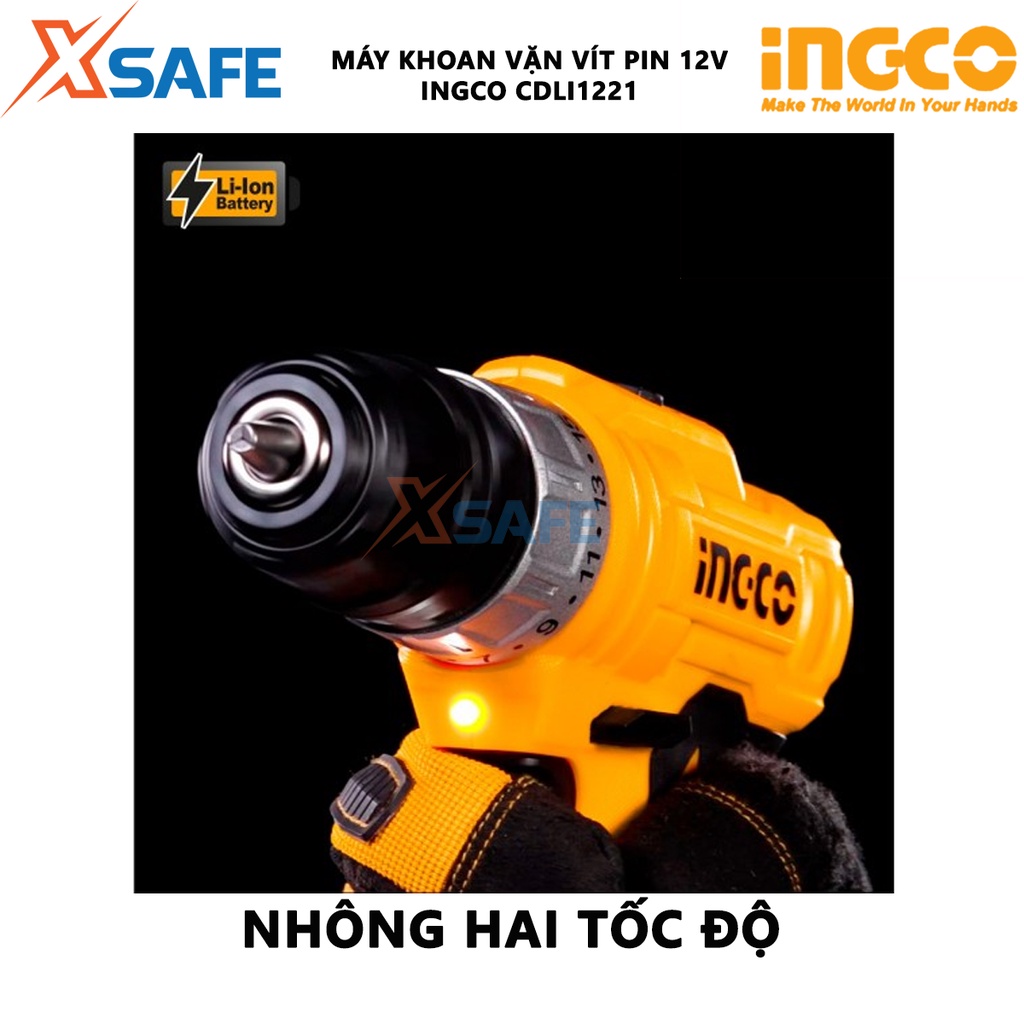 Máy khoan pin cầm tay 12V INGCO CDLI1221 tốc độ 1350v/p, lực siết 25nm, khả năng khoan 0.8-10mm, kèm 1 pin 1 sạc