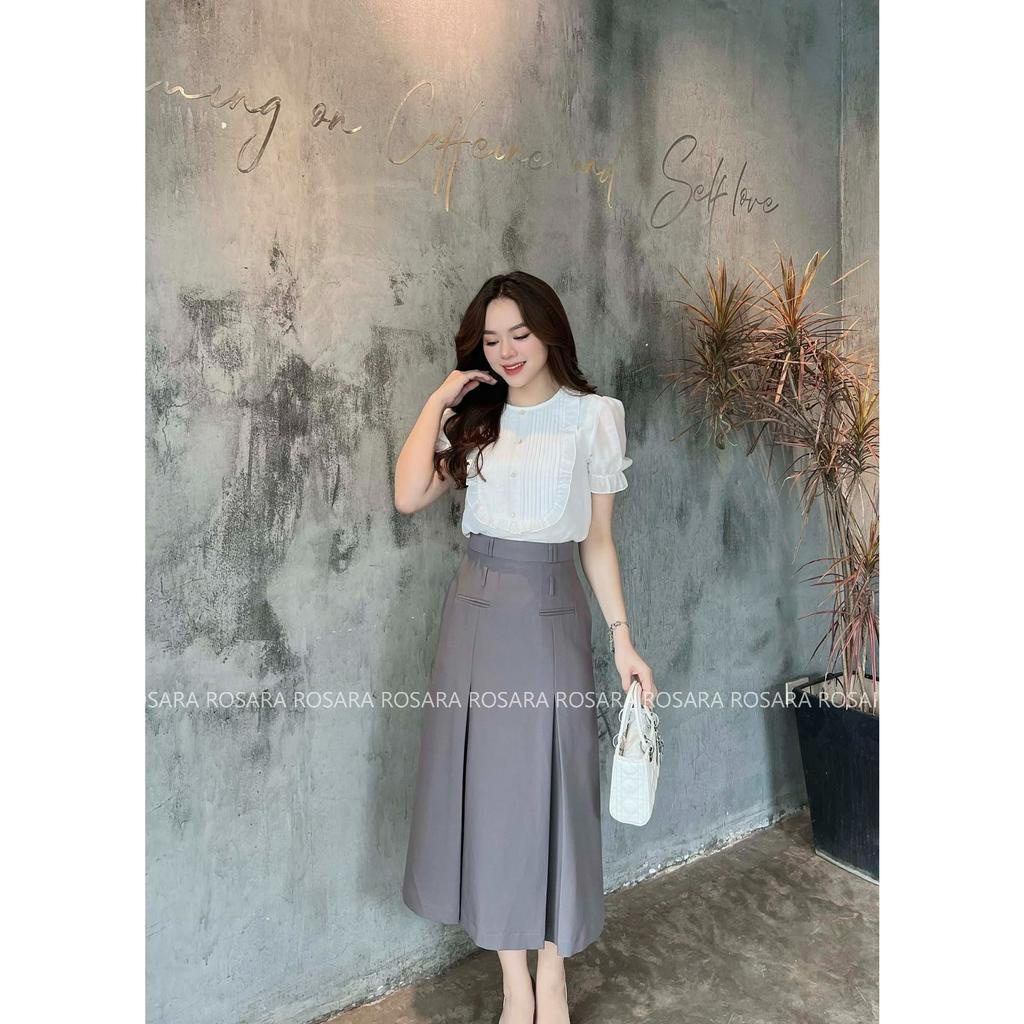 Chân Váy Midi Dáng Dài Màu Ghi Xếp Ly To Thời Trang Nữ Rosara CV25