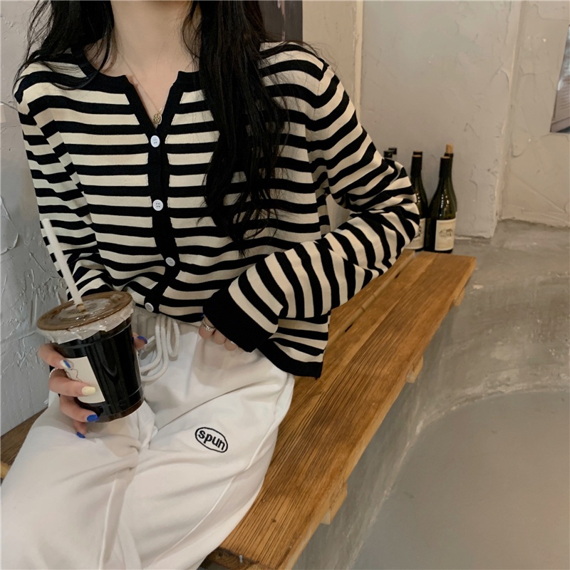 Mới Áo Khoác Cardigan Dệt Kim Tay Dài Kẻ Sọc Cho Nữ