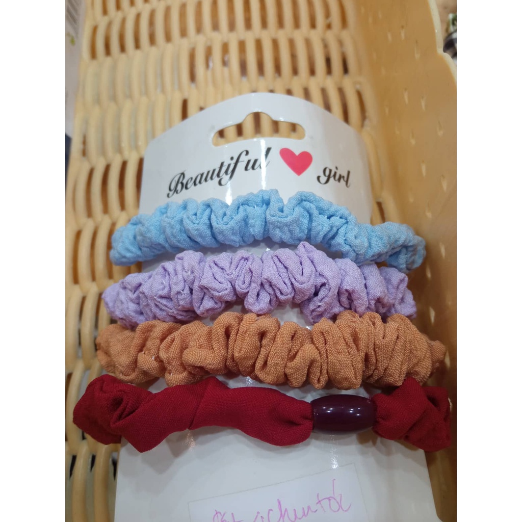 Set bốn dây buộc tóc vải, Scrunchies màu pastel xinh xắn