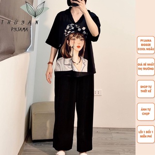 Bộ Pyjama bigsize cô gái mũ kẻ cộc dài mặc nhà chất lụa Mango giá rẻ dành cho nữ, mẹ bầu 60 - 90kg.
