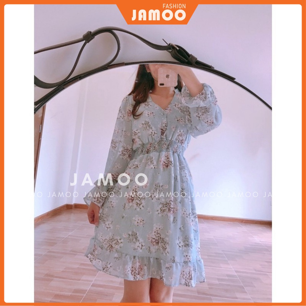 Váy hoa nhí vintage cổ V nền trắng be hoa xinh