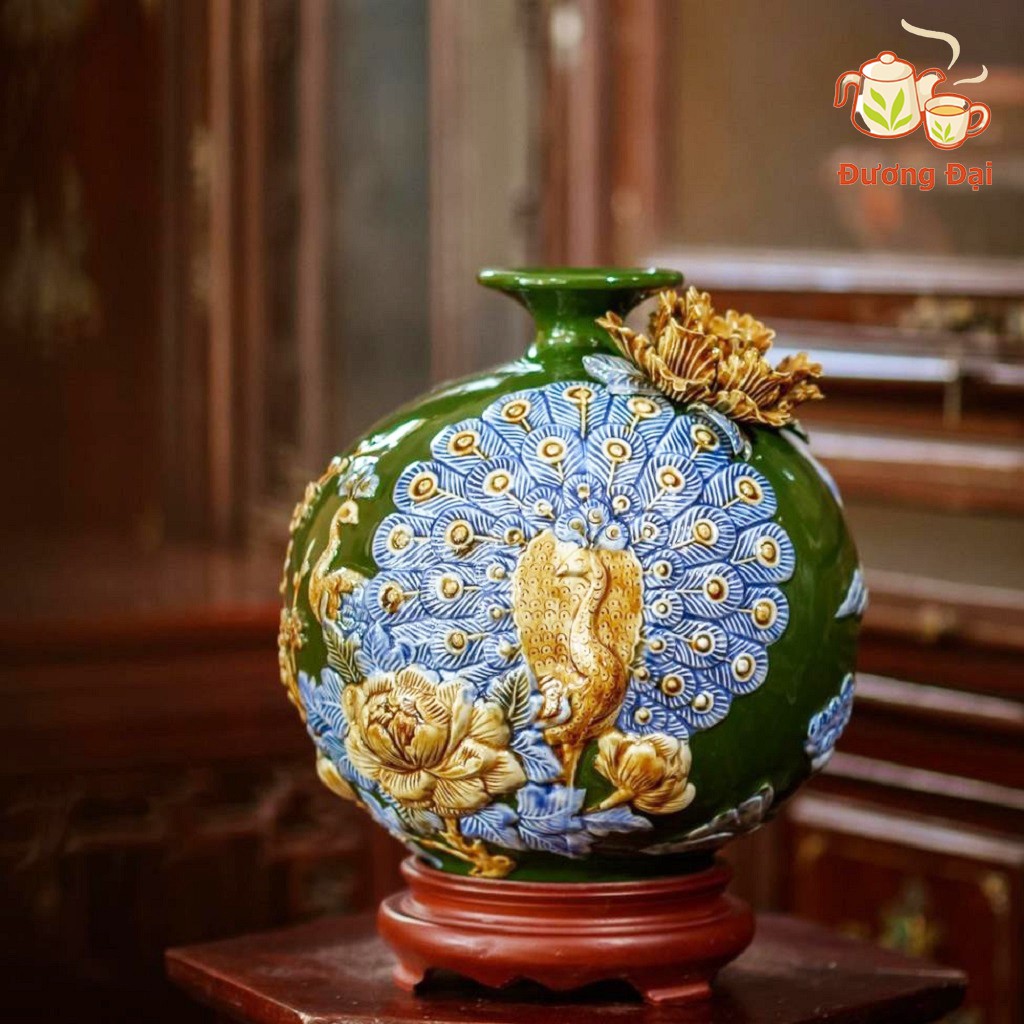 Bình Hút Lộc Công Đào Vinh Hoa Phú Quý Gốm Sứ Bát Tràng Đương Đại + Tặng kèm đế kê gỗ hương