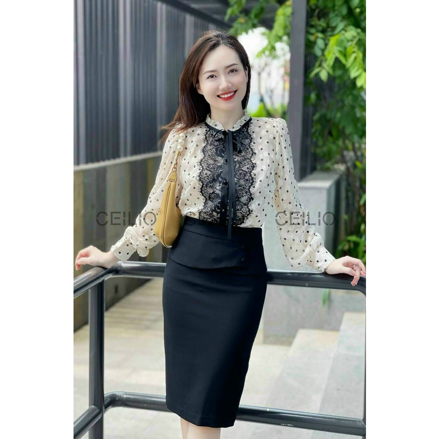 Aó sơ mi chấm bi phối ren trước